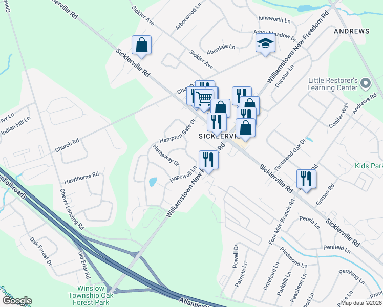 map of restaurants, bars, coffee shops, grocery stores, and more near 14 Hathaway Drive in Sicklerville