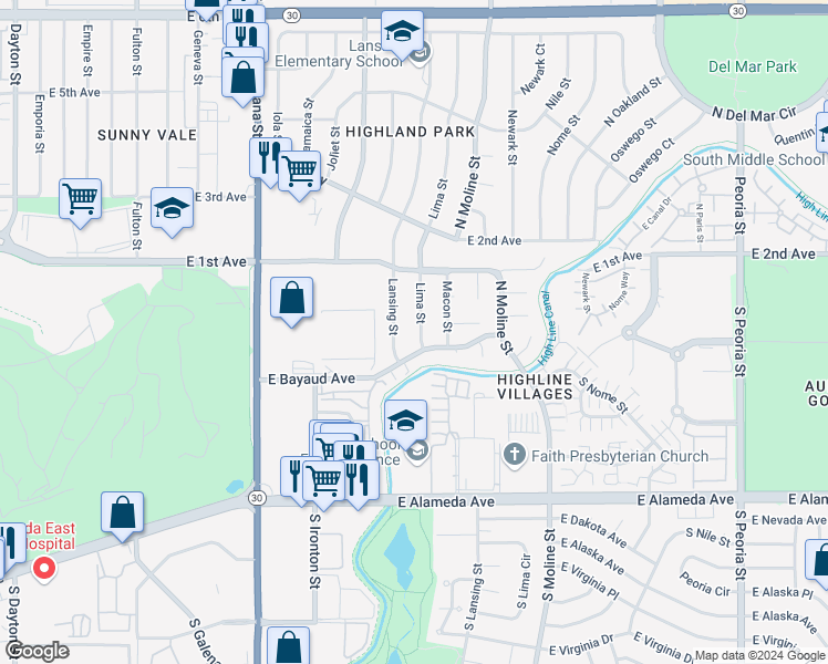 map of restaurants, bars, coffee shops, grocery stores, and more near 10 Lansing Street in Aurora