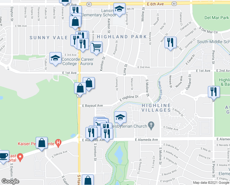 map of restaurants, bars, coffee shops, grocery stores, and more near 10 Lansing Street in Aurora