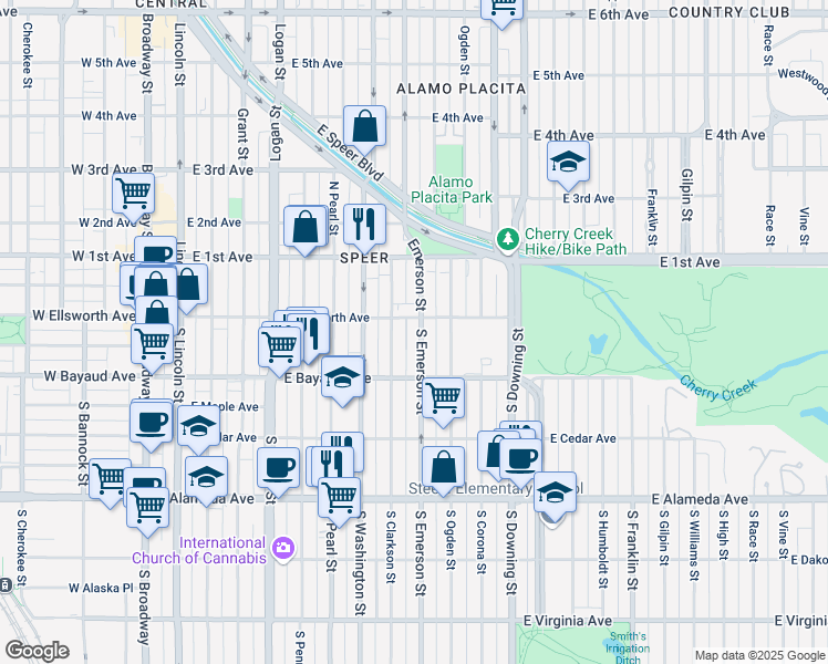 map of restaurants, bars, coffee shops, grocery stores, and more near 66 South Clarkson Street in Denver