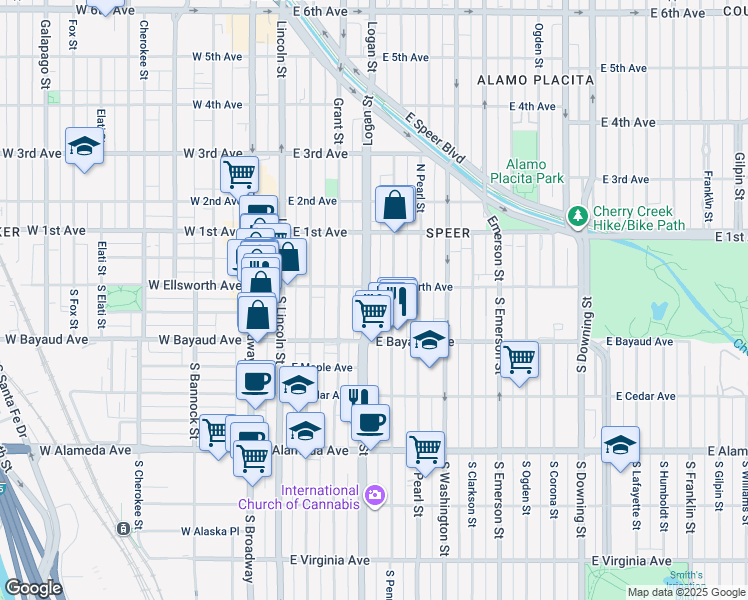 map of restaurants, bars, coffee shops, grocery stores, and more near 53 South Pennsylvania Street in Denver