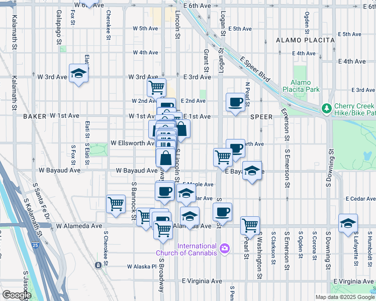 map of restaurants, bars, coffee shops, grocery stores, and more near 56 South Sherman Street in Denver