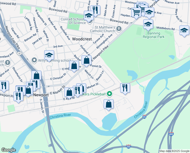 map of restaurants, bars, coffee shops, grocery stores, and more near 114 Laurel Lane in Wilmington
