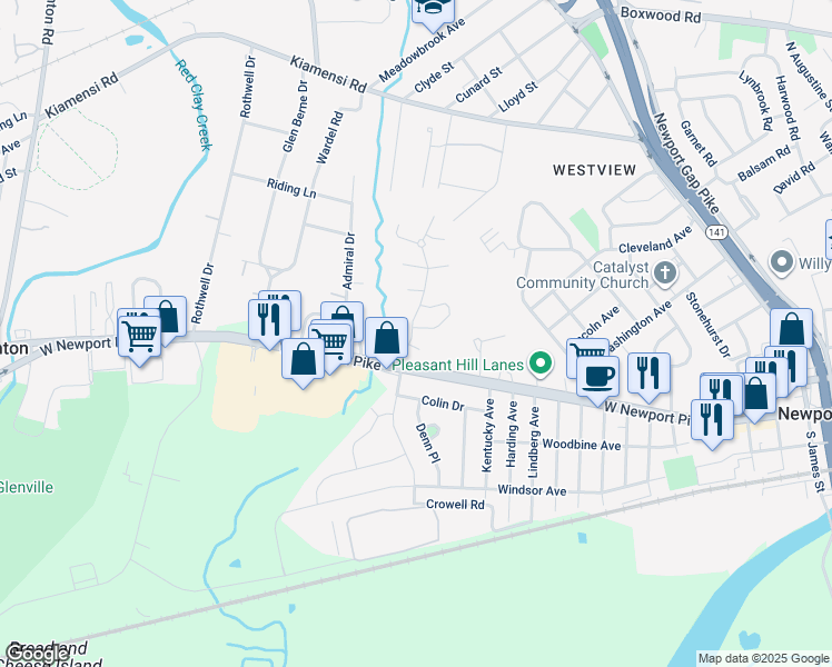 map of restaurants, bars, coffee shops, grocery stores, and more near 1401 West Newport Pike in Wilmington