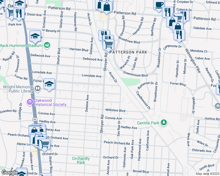map of restaurants, bars, coffee shops, grocery stores, and more near 527 Aberdeen Avenue in Dayton