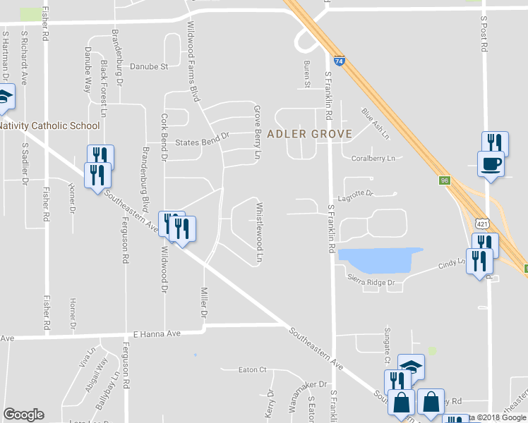 map of restaurants, bars, coffee shops, grocery stores, and more near 3631 Whistlewood Lane in Indianapolis