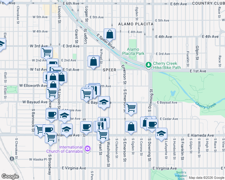 map of restaurants, bars, coffee shops, grocery stores, and more near 52 South Washington Street in Denver