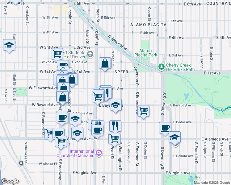 map of restaurants, bars, coffee shops, grocery stores, and more near 57 South Pearl Street in Denver