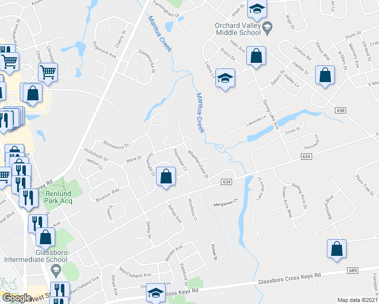 map of restaurants, bars, coffee shops, grocery stores, and more near 325 Whethersfield Drive in Glassboro