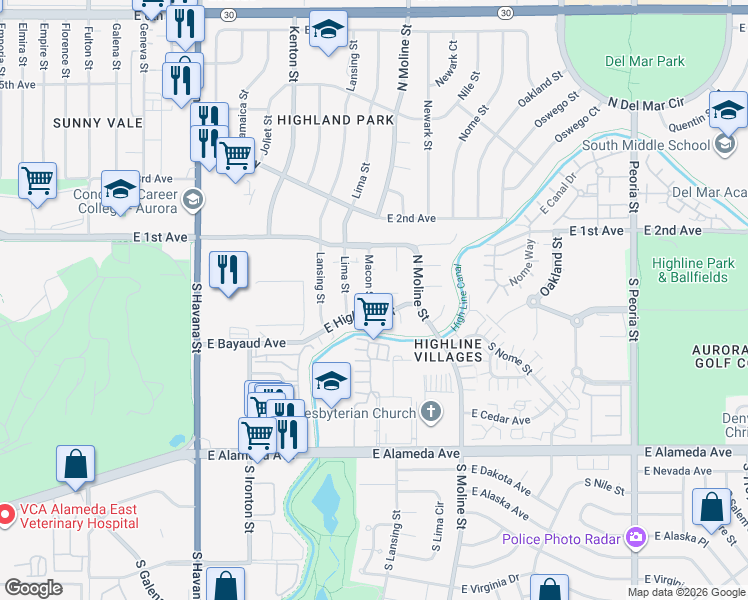 map of restaurants, bars, coffee shops, grocery stores, and more near 11354 East Highline Drive in Aurora