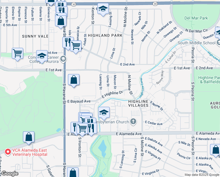 map of restaurants, bars, coffee shops, grocery stores, and more near 30 Lima Street in Aurora