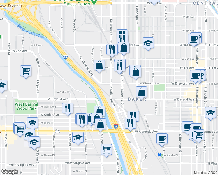 map of restaurants, bars, coffee shops, grocery stores, and more near 39 South Kalamath Street in Denver
