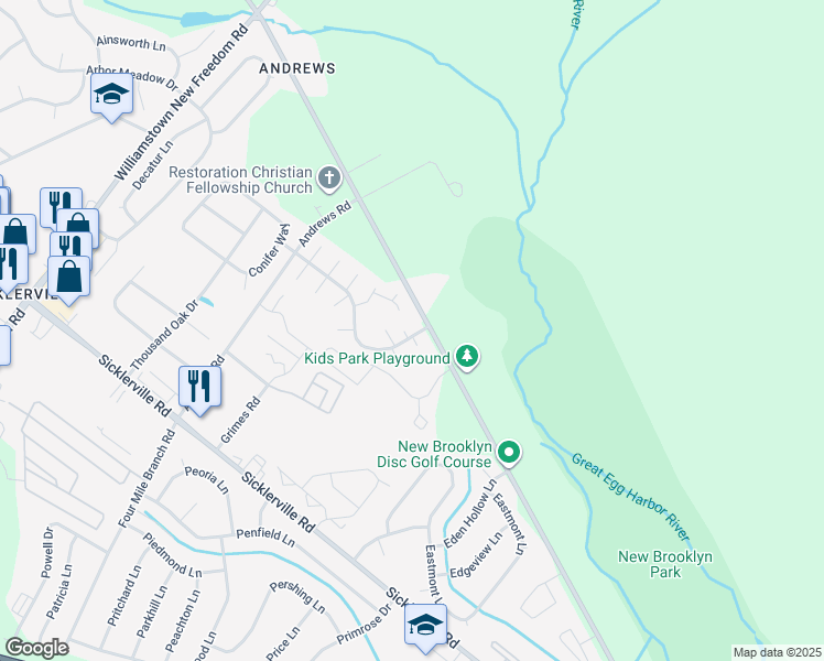 map of restaurants, bars, coffee shops, grocery stores, and more near 7 Logan Court in Winslow Township