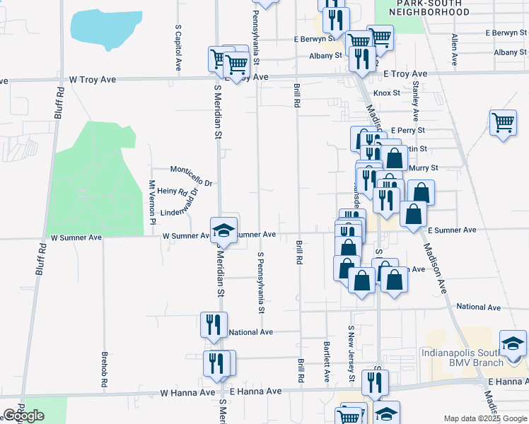 map of restaurants, bars, coffee shops, grocery stores, and more near 114 East Sumner Avenue in Indianapolis