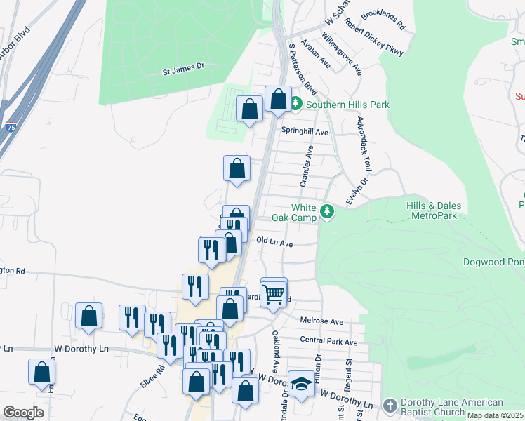 map of restaurants, bars, coffee shops, grocery stores, and more near 1572 Glenbeck Avenue in Dayton