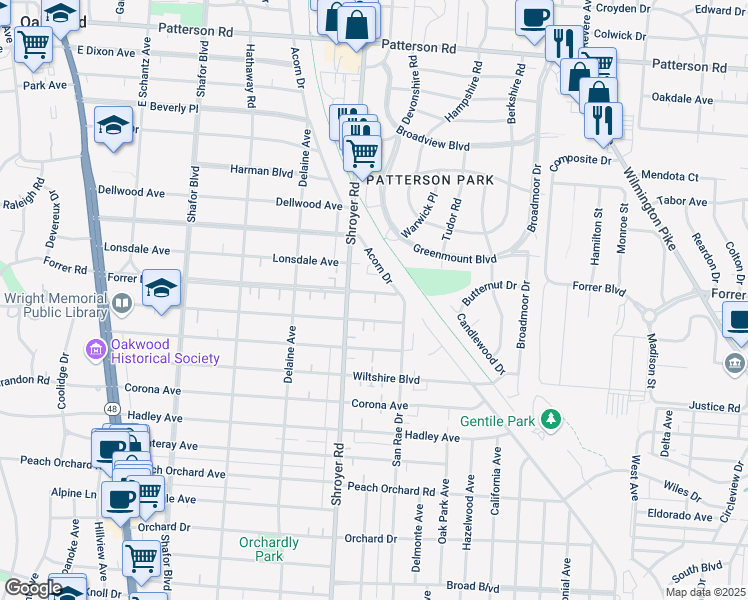 map of restaurants, bars, coffee shops, grocery stores, and more near 526 Forrer Boulevard in Dayton