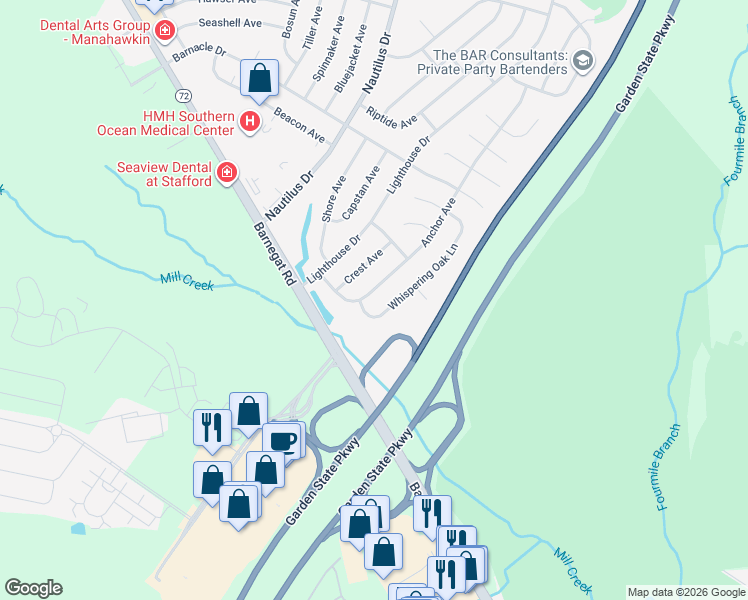 map of restaurants, bars, coffee shops, grocery stores, and more near 955 Whispering Oak Lane in Stafford Township