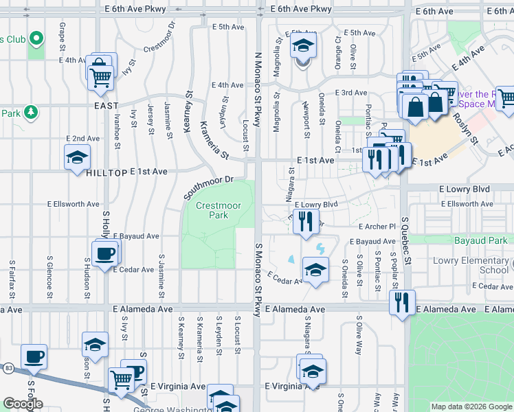 map of restaurants, bars, coffee shops, grocery stores, and more near 3 South Monaco Parkway in Denver