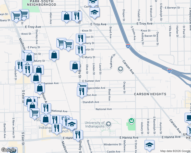 map of restaurants, bars, coffee shops, grocery stores, and more near 1209 East Sumner Avenue in Indianapolis