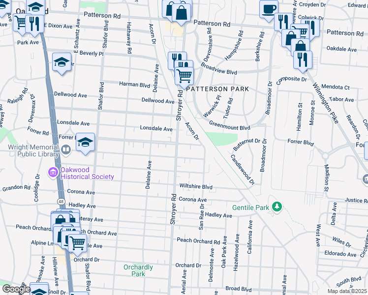 map of restaurants, bars, coffee shops, grocery stores, and more near 514 Forrer Boulevard in Dayton