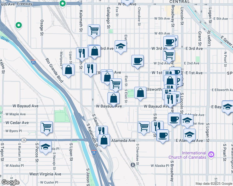 map of restaurants, bars, coffee shops, grocery stores, and more near 9 South Fox Street in Denver