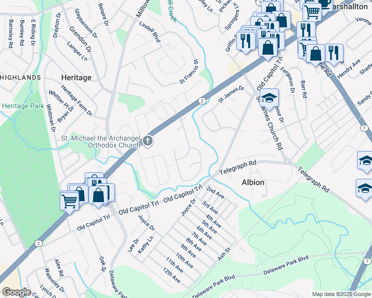 map of restaurants, bars, coffee shops, grocery stores, and more near 1908 South Woodmill Drive in Wilmington