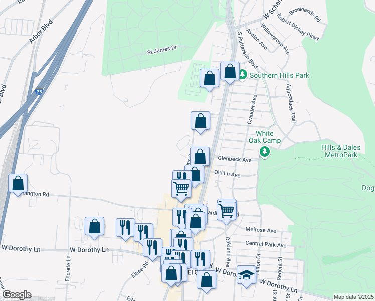 map of restaurants, bars, coffee shops, grocery stores, and more near 2589 Lance Drive in Moraine