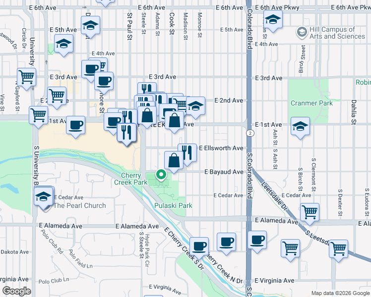 map of restaurants, bars, coffee shops, grocery stores, and more near 40 South Madison Street in Denver