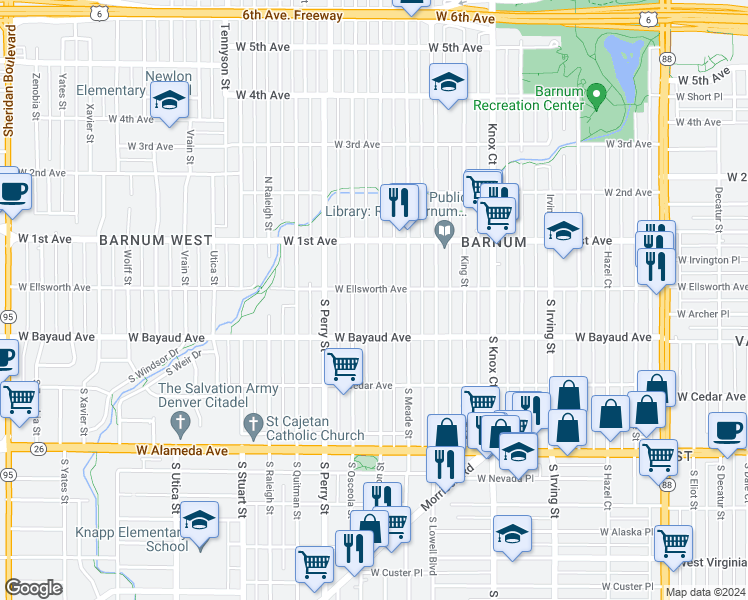 map of restaurants, bars, coffee shops, grocery stores, and more near 51 South Newton Street in Denver