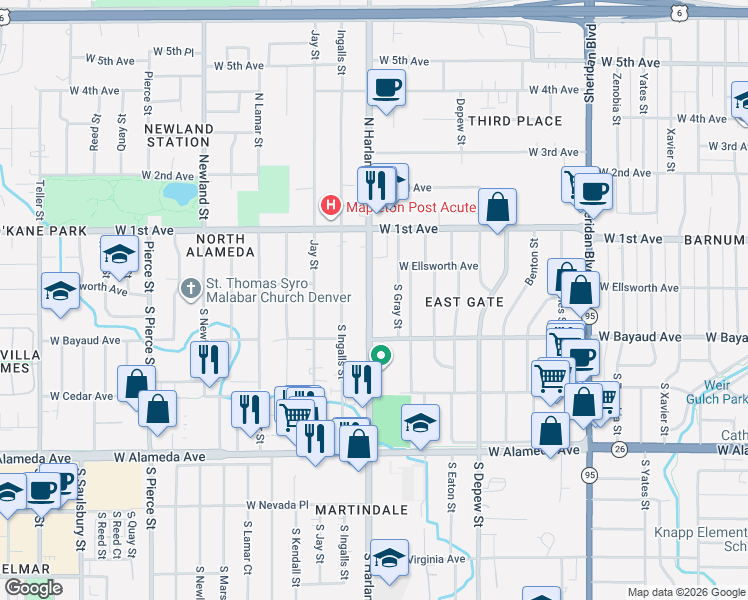 map of restaurants, bars, coffee shops, grocery stores, and more near 79 South Harlan Street in Lakewood