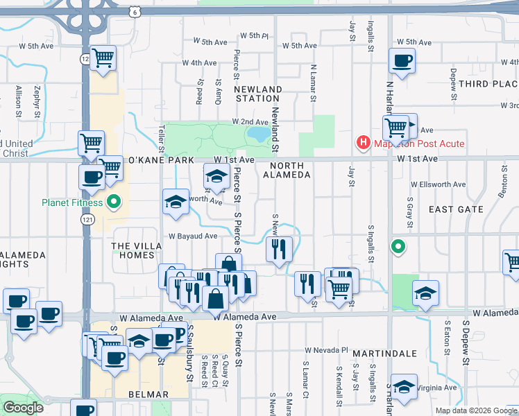 map of restaurants, bars, coffee shops, grocery stores, and more near 137 South Newland Street in Lakewood