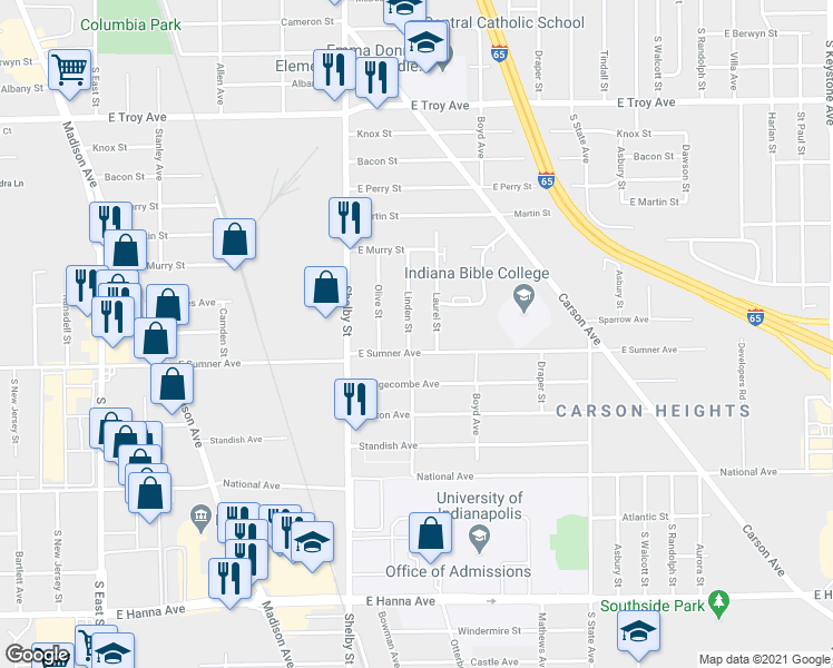 map of restaurants, bars, coffee shops, grocery stores, and more near 1209 East Sumner Avenue in Indianapolis