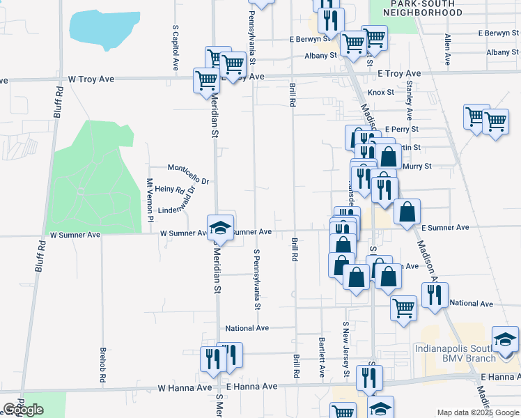 map of restaurants, bars, coffee shops, grocery stores, and more near 114 East Sumner Avenue in Indianapolis