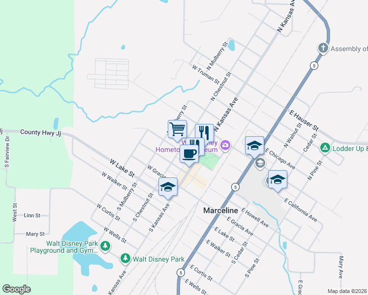 map of restaurants, bars, coffee shops, grocery stores, and more near 100-198 N Chestnut St in Marceline