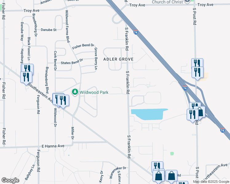 map of restaurants, bars, coffee shops, grocery stores, and more near 8328 Weathervane Circle in Indianapolis