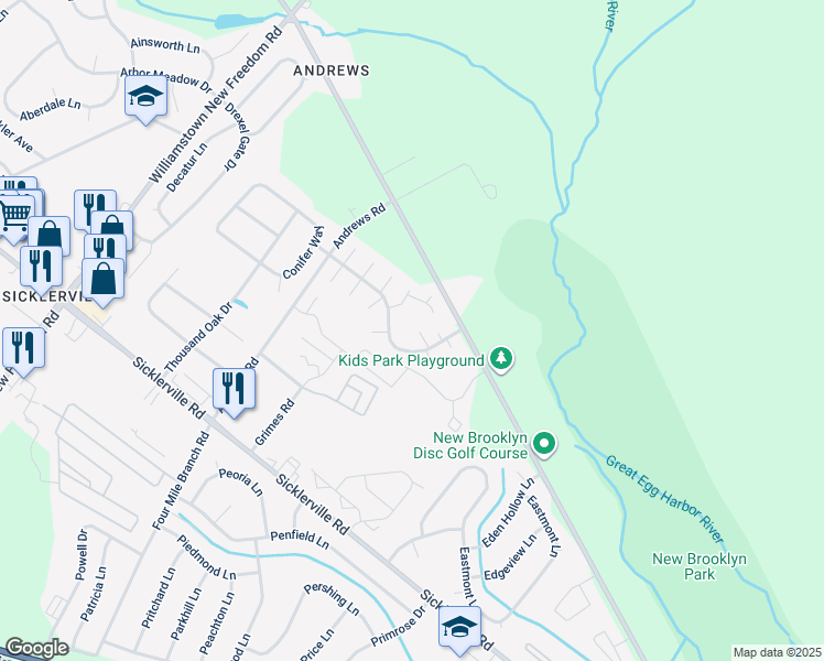 map of restaurants, bars, coffee shops, grocery stores, and more near 11 Lamont Court in Sicklerville