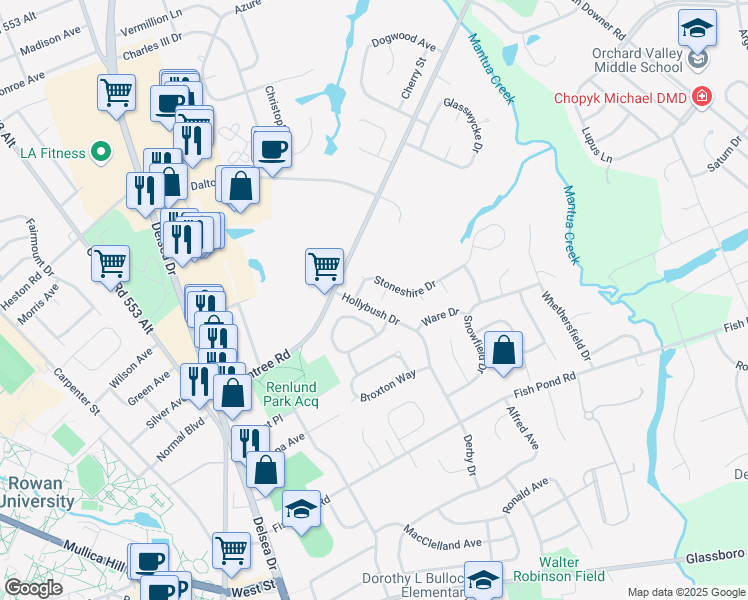 map of restaurants, bars, coffee shops, grocery stores, and more near 10 Hetton Court in Glassboro