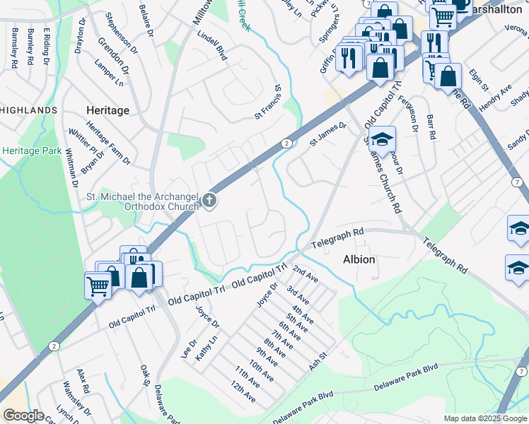 map of restaurants, bars, coffee shops, grocery stores, and more near 1908 South Woodmill Drive in Wilmington