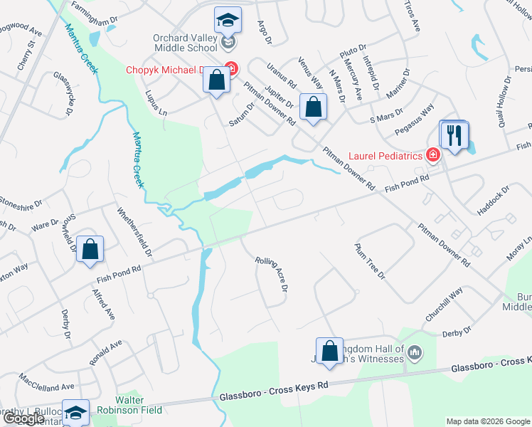 map of restaurants, bars, coffee shops, grocery stores, and more near 338 Fish Pond Road in Glassboro