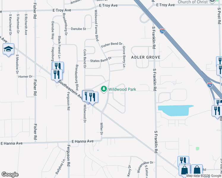 map of restaurants, bars, coffee shops, grocery stores, and more near 3633 Laurel Cherry Lane in Indianapolis