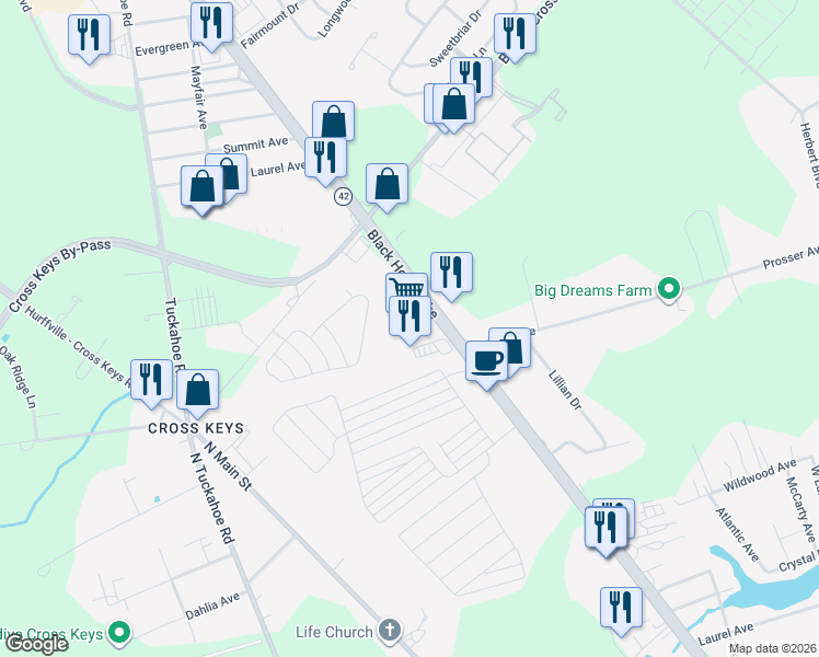 map of restaurants, bars, coffee shops, grocery stores, and more near 2031 North Black Horse Pike in Monroe