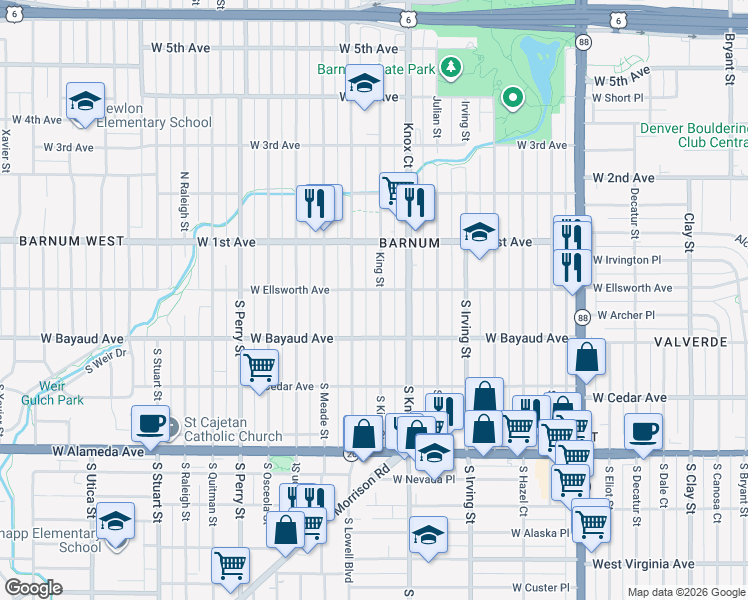 map of restaurants, bars, coffee shops, grocery stores, and more near 13 South King Street in Denver