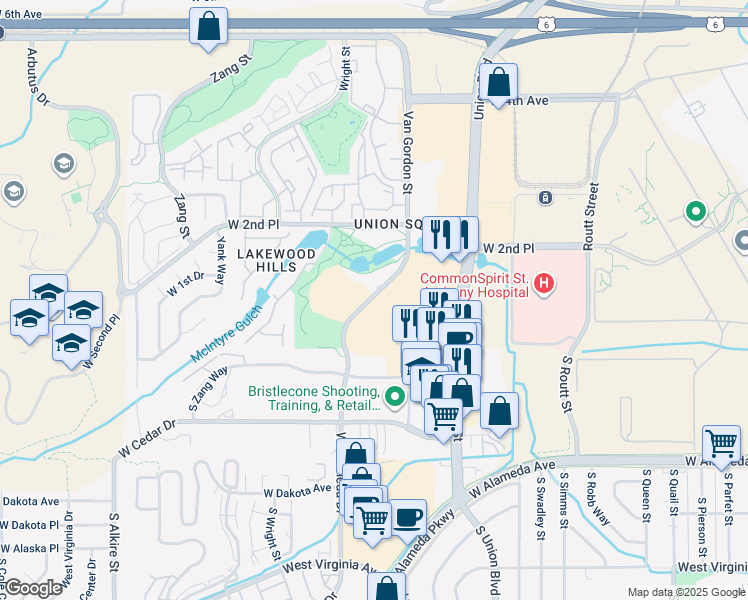 map of restaurants, bars, coffee shops, grocery stores, and more near 155 Van Gordon Street in Lakewood
