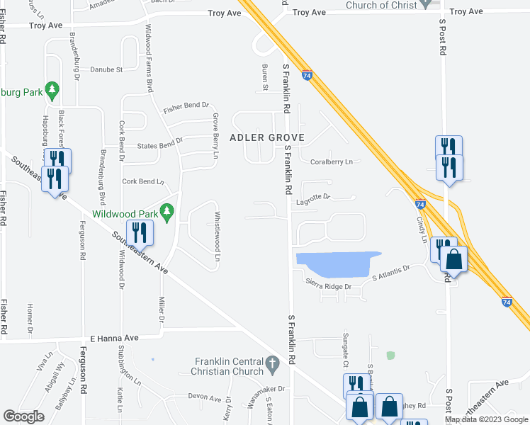 map of restaurants, bars, coffee shops, grocery stores, and more near 8340 Weathervane Circle in Indianapolis