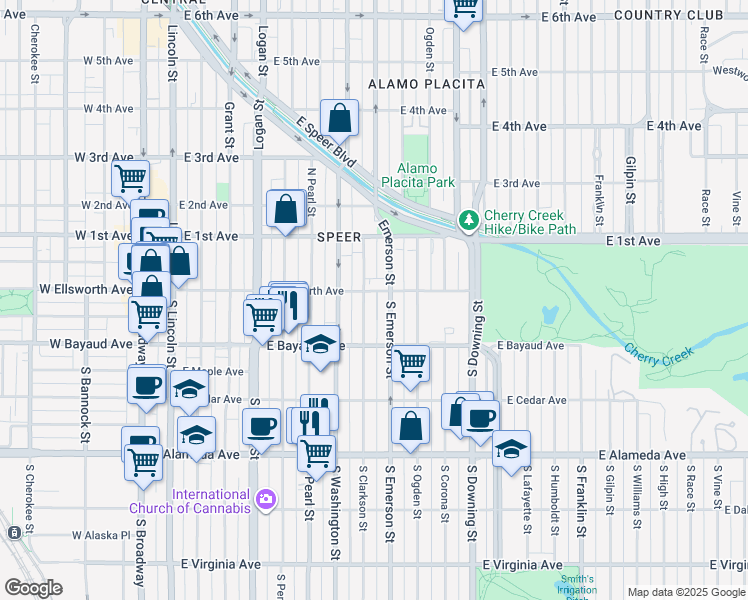 map of restaurants, bars, coffee shops, grocery stores, and more near 8 South Clarkson Street in Denver