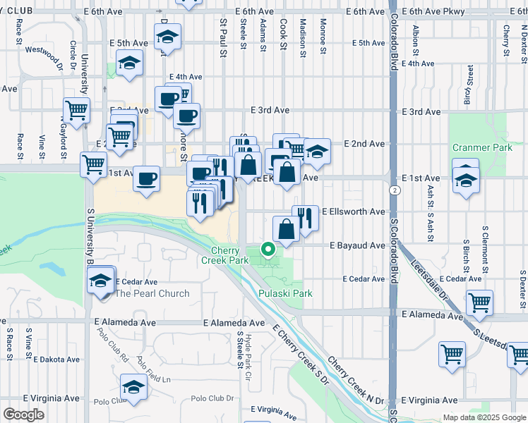 map of restaurants, bars, coffee shops, grocery stores, and more near Adams Street & East Ellsworth Avenue in Denver