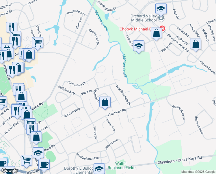 map of restaurants, bars, coffee shops, grocery stores, and more near 17 Geneva Court in Glassboro