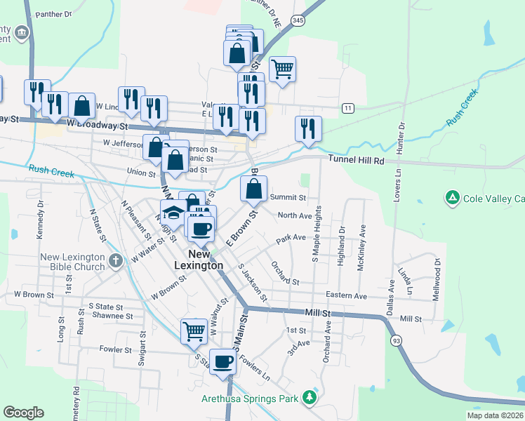 map of restaurants, bars, coffee shops, grocery stores, and more near 408 East Brown Street in New Lexington
