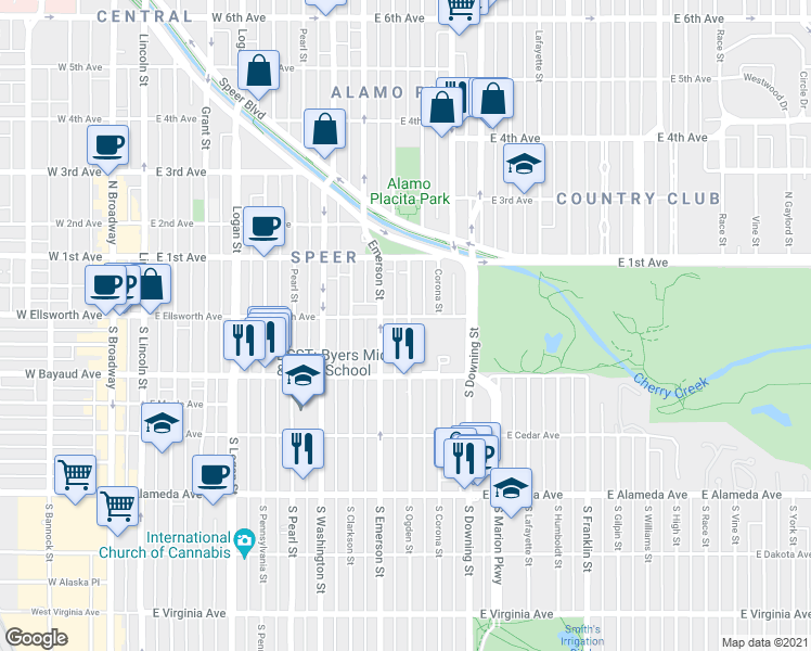 map of restaurants, bars, coffee shops, grocery stores, and more near 13 North Ogden Street in Denver