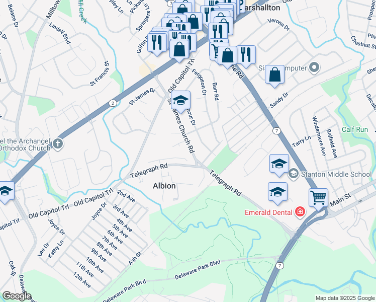 map of restaurants, bars, coffee shops, grocery stores, and more near 2031 Saint James Church Road in Wilmington
